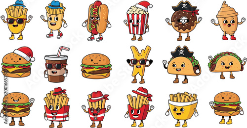 Cute Retro Groovy Fast Food Character Set Featuring Burger Fries Hot Dog Taco Donut Cola and Popcorn with Funny Costumes Vector Illustration