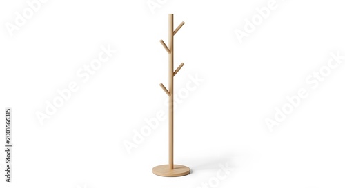 Modern wooden coat rack with branches for hanging clothes on white background.