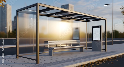 Modern glass bus shelter with bench and digital display screen on empty city street corner.