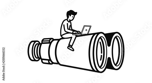 Man on Binoculars with Laptop