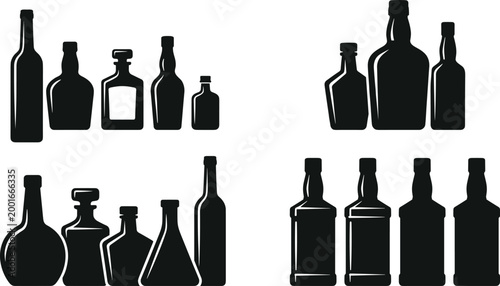 Vector Silhouette Collection of Assorted Alcohol Glass Bottles Including Wine Spirit Whiskey and Liquor Flasks for Bar Menu and Pub Signage
