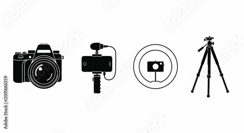 Photography and Content Creation Icon Set with DSLR Camera, Smartphone with Mic, Ring Light and Tripod Black Silhouette Glyph Icons
