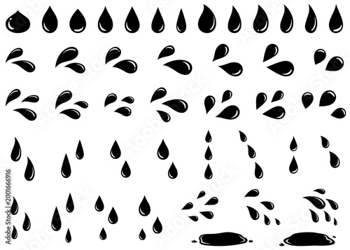 汗や涙の黒いアイコンセット。雫と水滴のアイコンセット。焦りや悲しみの感情表現シリーズ。