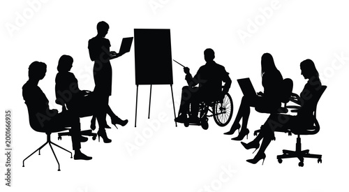 Male business team leader sitting in wheelchair giving presentation on whiteboard in meeting session black silhouette vector illustration.