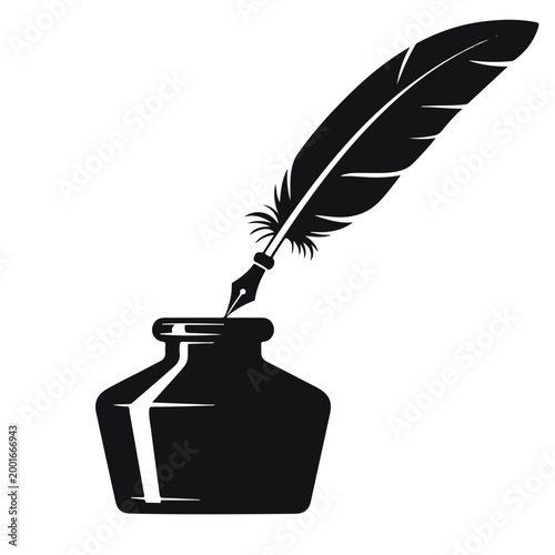 Quill pen in inkwell writing instrument feather