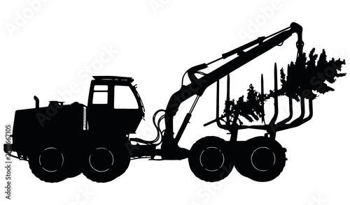 Feller buncher logging truck with trees forestry heavy equipment