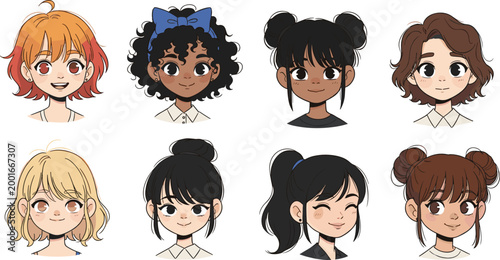 Cute Cartoon Girl Faces with Different Hairstyles and Expressions for Character Design, Youth, and Illustration Projects
