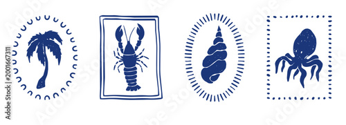 Vintage marine stamp silhouette. Linocut palm, crayfish and octopus, seashell. Marine animals set in vintage nautical style. Underwater reef and ocean plants flora