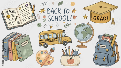 Kawaii Back to School Doodle Collection with Cute School Bus, Books, and Stationery Set.