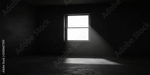 Empty room interior with an open door and window light casting shadows on the blank wall of a 3d rendered gallery space