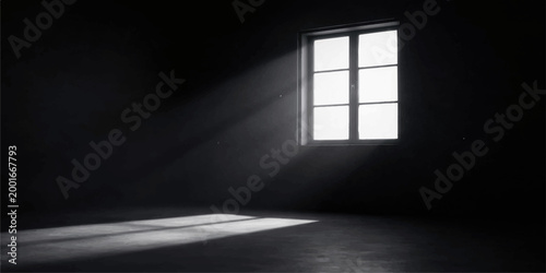 An empty dark room interior features a window with light casting across the floor and walls of a 3d building hallway