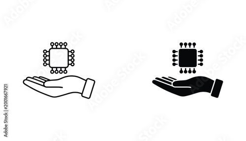 Microchip on palm of hand icon set depicting technology and hardware concepts in linear and solid black artistic styles for tech branding