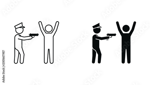 Police officer aiming weapon at suspect with hands raised icon set in silhouette and outline style for crime prevention and law enforcement safety training visuals