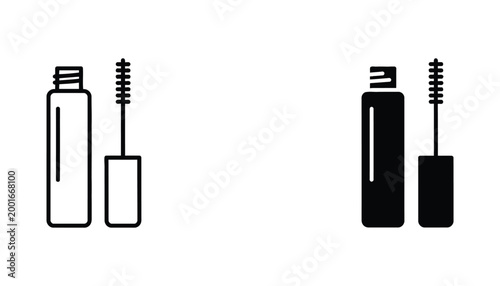 Mascara brush and tube vector icon set in linear and solid black glyph styles for beauty cosmetics branding and makeup tutorial graphic design elements for fashion industry and ecommerce stores