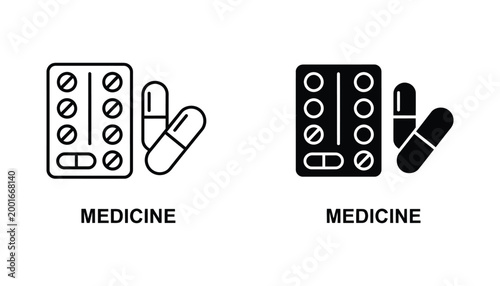 Medicine blister pack and pill capsule vector icon set with text label in linear and solid black glyph styles for healthcare pharmaceutical and pharmacy branding and medical information design