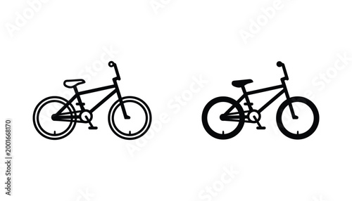 Bicycle vector icon set featuring mountain bike silhouette in outline and solid black style for transportation and recreational sports web graphics and mobile application interface design elements