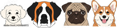 Foto Cute Dog Face Collection with Cartoon Illustrations of Poodle, Saint Bernard, Pu