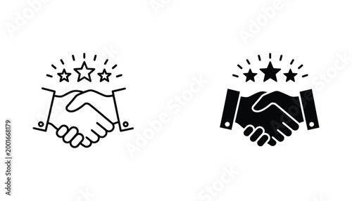 Business handshake vector icon set with star rating representing corporate success and partnership quality in flat linear and solid black glyph styles for professional branding and web UI design
