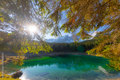 Vászonkép Lake Carezza is a small mountain lake in the Dolomites in South Tyrol, Italy