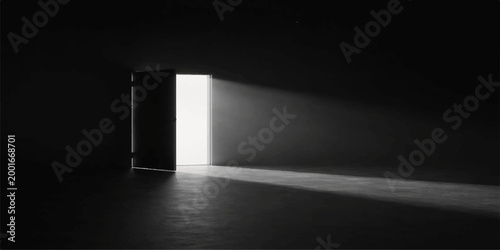 An open door to the light casts a beautiful light in the dark room highlighting the empty interior space and blank wall of this 3d architecture design
