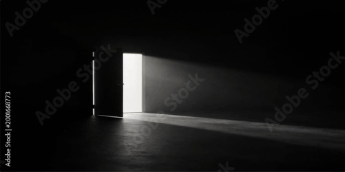 Billede på lærred A 3D illustration of an open doorway in a dark empty interior wall leading to a