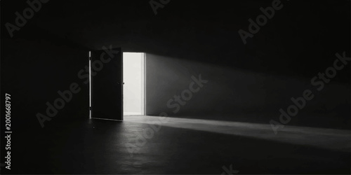 A lone man stands in a dark concrete corridor of an empty office building illuminated by a sliver of light coming through an open door at the end of the long hall