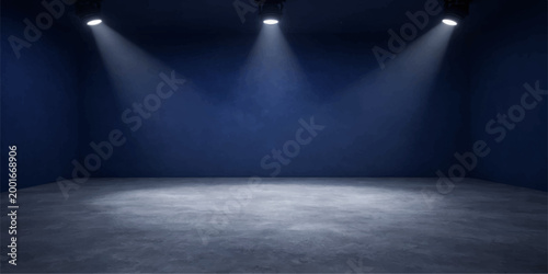 A single spotlight illuminates an empty stage on a concrete floor inside a dark theater hall where architectural design creates a minimalist interior space for a show
