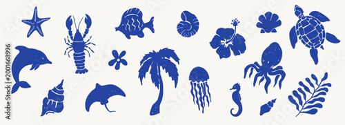 Linocut set featuring sea decoration, corals, and shells. Woodcut vintage marine silhouette print, summer nautical collection.