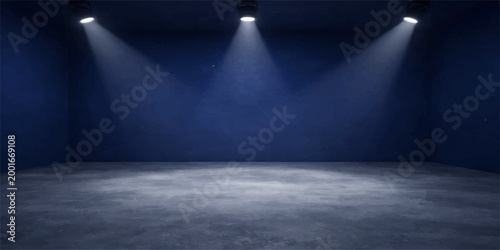 A bright spotlight illuminates an empty stage within a long interior hall featuring minimalist architecture and deep perspective