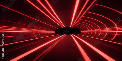 A futuristic abstract red tunnel showcases the speed and motion blur of a fast train traveling through a night subway highway