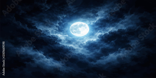 A glowing full moon illuminates scattered clouds in the dark blue night sky filled with distant stars