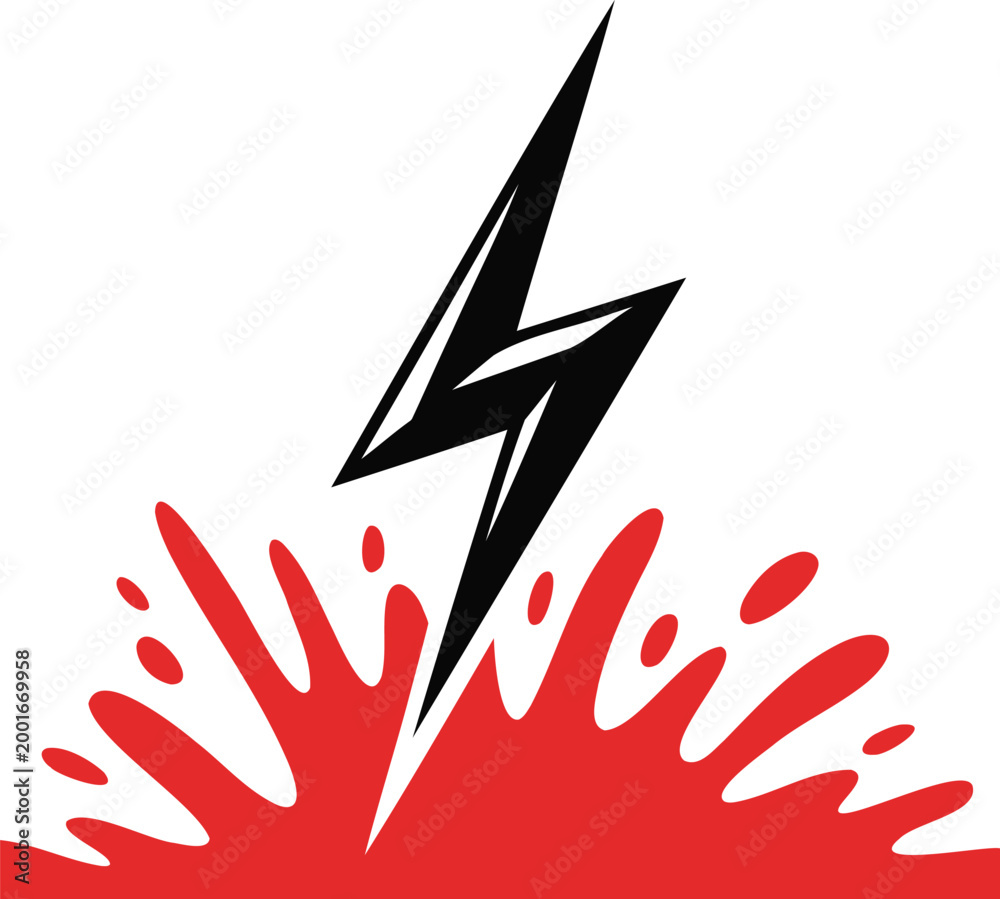 Fototapeta premium Black lightning bolt with red splatter on white background energetic graphic design element