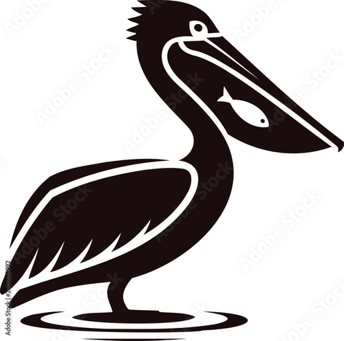 Brown pelican standing in water with fish in beak profile view isolated on transparent background