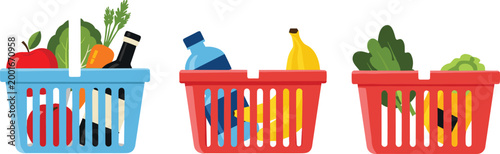 Colorful Grocery Shopping Basket Set with Fresh Food Items Including Fruits Vegetables Bottles and Household Products for Retail Market and Supermarket Concepts