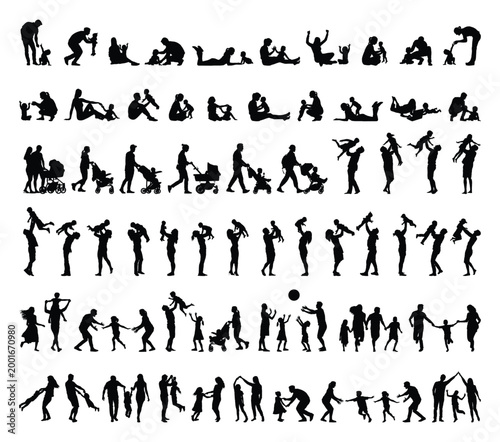 Parents enjoying playing and spending time with children baby and toddler in different poses indoors outdoors black silhouette set collection flat graphic vector illustration.