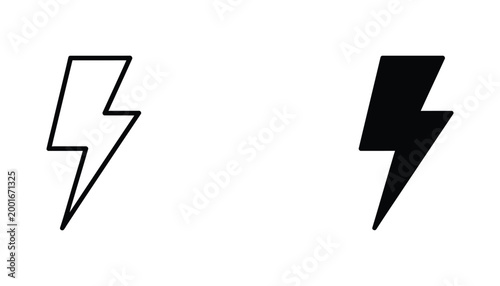 Electric lightning bolt energy power icon in outline and solid black style for electricity concepts