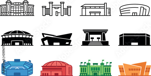 Stadium icons visual assets for international soccer tournament coverage