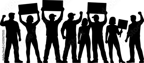 Crowd Silhouette Protesting with Blank Signs and Raised Fists