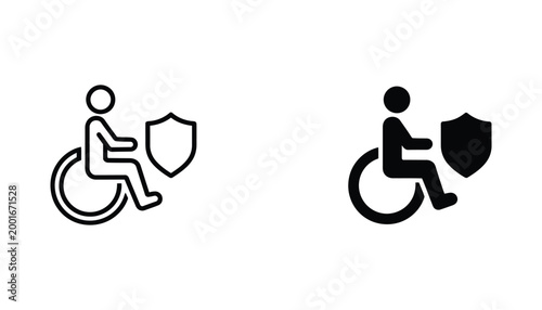 Wheelchair user with protective shield icon set for accessibility and disability rights representation in social and medical design