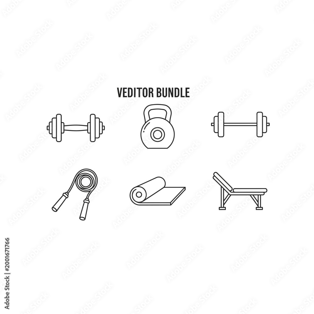 Fototapeta premium Fitness equipment line art vector icons bundle set with equipment, exercise