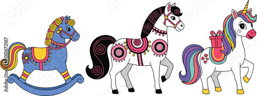 Colorful Unicorn and Rocking Horse Vector Illustration Set with Decorative Fantasy Animals for Kids Toys, Nursery Design, Birthday Themes, and Magical Cartoon Projects