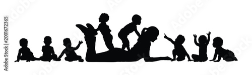 Woman playing with cute group babies while lying on the floor in orphanage black silhouettes vector illustration flat graphic.