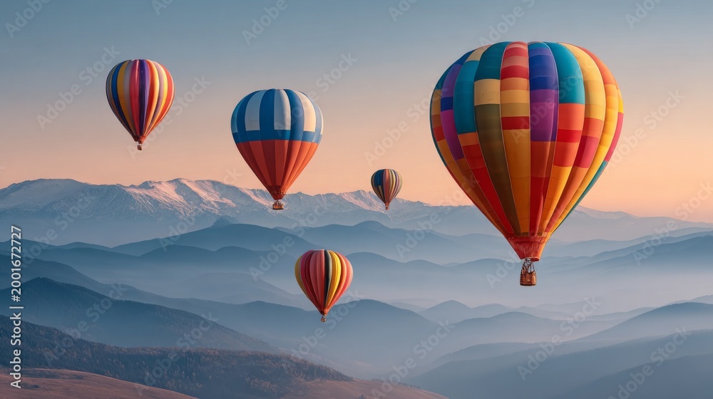 Fototapeta premium Colorful hot air balloons floating over serene mountains at sunrise.