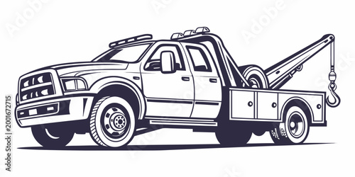 Tableau sur toile Detailed line art graphic of a medium duty towing vehicle with a flatbed and boo