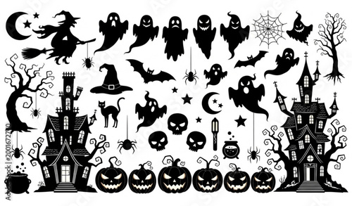 Halloween silhouette badge vector spooky witch ghost pumpkin skull haunted house collection