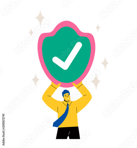 Business man holding shield with checkmark in hands. Security assurance concept. Flat vector illustration isolated on white background