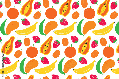 A vibrant seamless pattern with hand-drawn tropical fruits on a white background. Summer fruit pattern with bananas, strawberries, papayas, mangoes, apricots, and oranges. Tropical print.