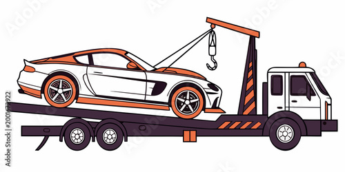 Tow truck carrying a sports car on a flatbed illustration with transport recovery transportation automotive emergency roadside accident mechanic assistance delivery commercial industry