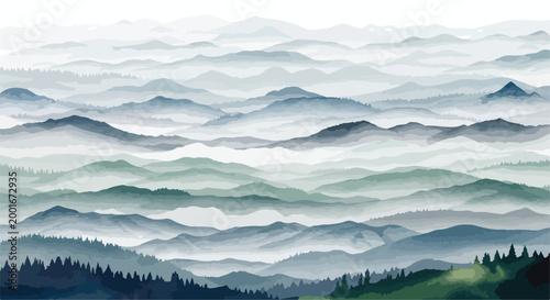 Watercolor mountain landscape with misty blue peaks, atmospheric forest hills in fog, traditional ink wash style nature background vector