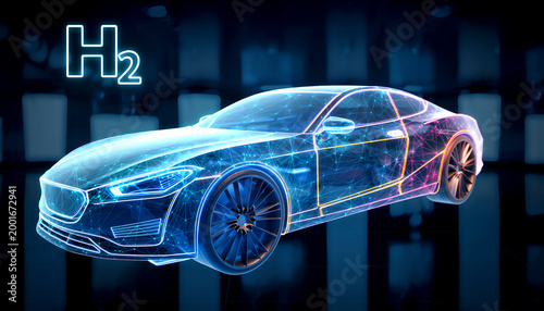 Digital wireframe of a hydrogen car with glowing H2 symbol and data points representing automotive engineering and virtual prototyping